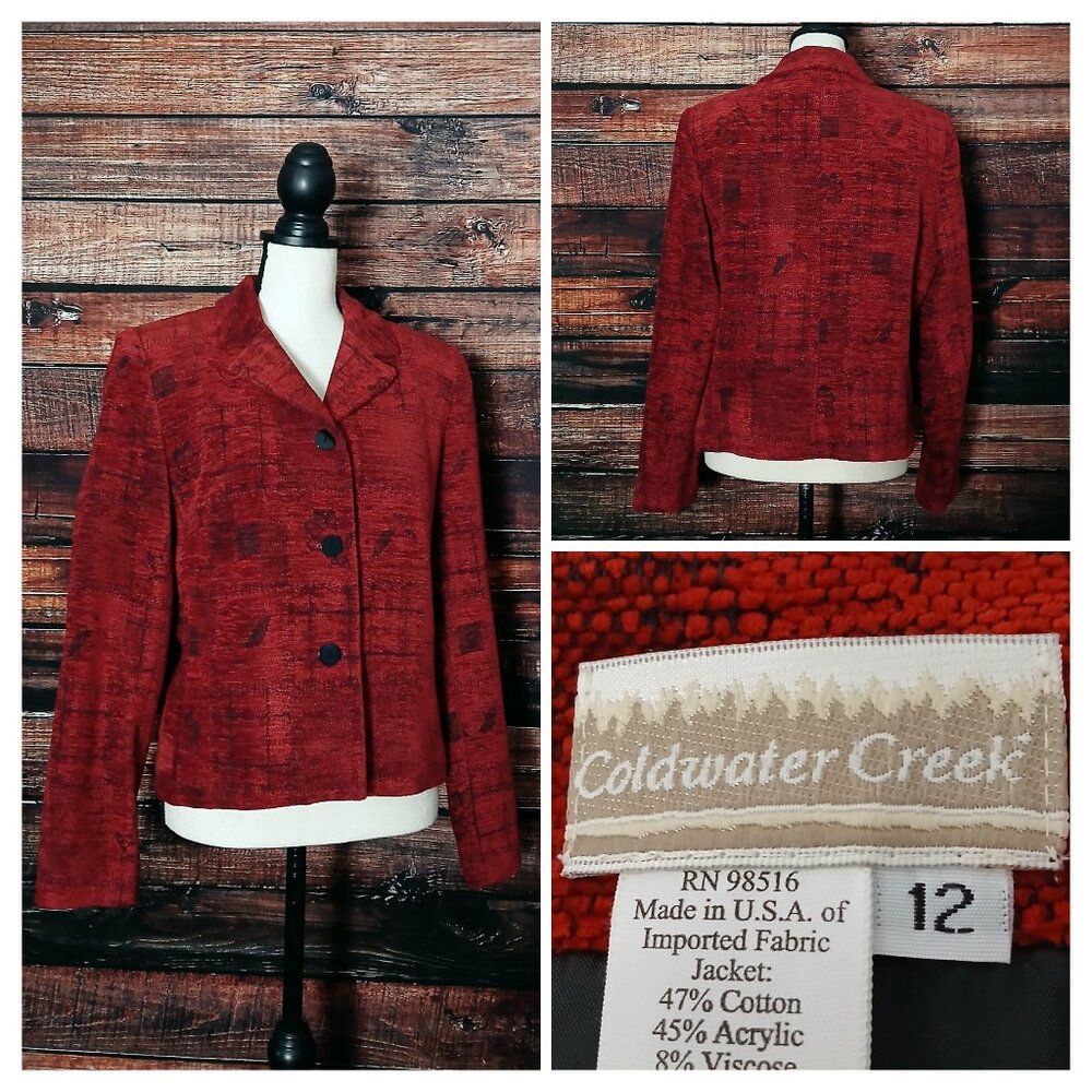 Coldwater Creek Vintage Blazer Jacket 12 Red Floral Velveteen Knit Made in USA